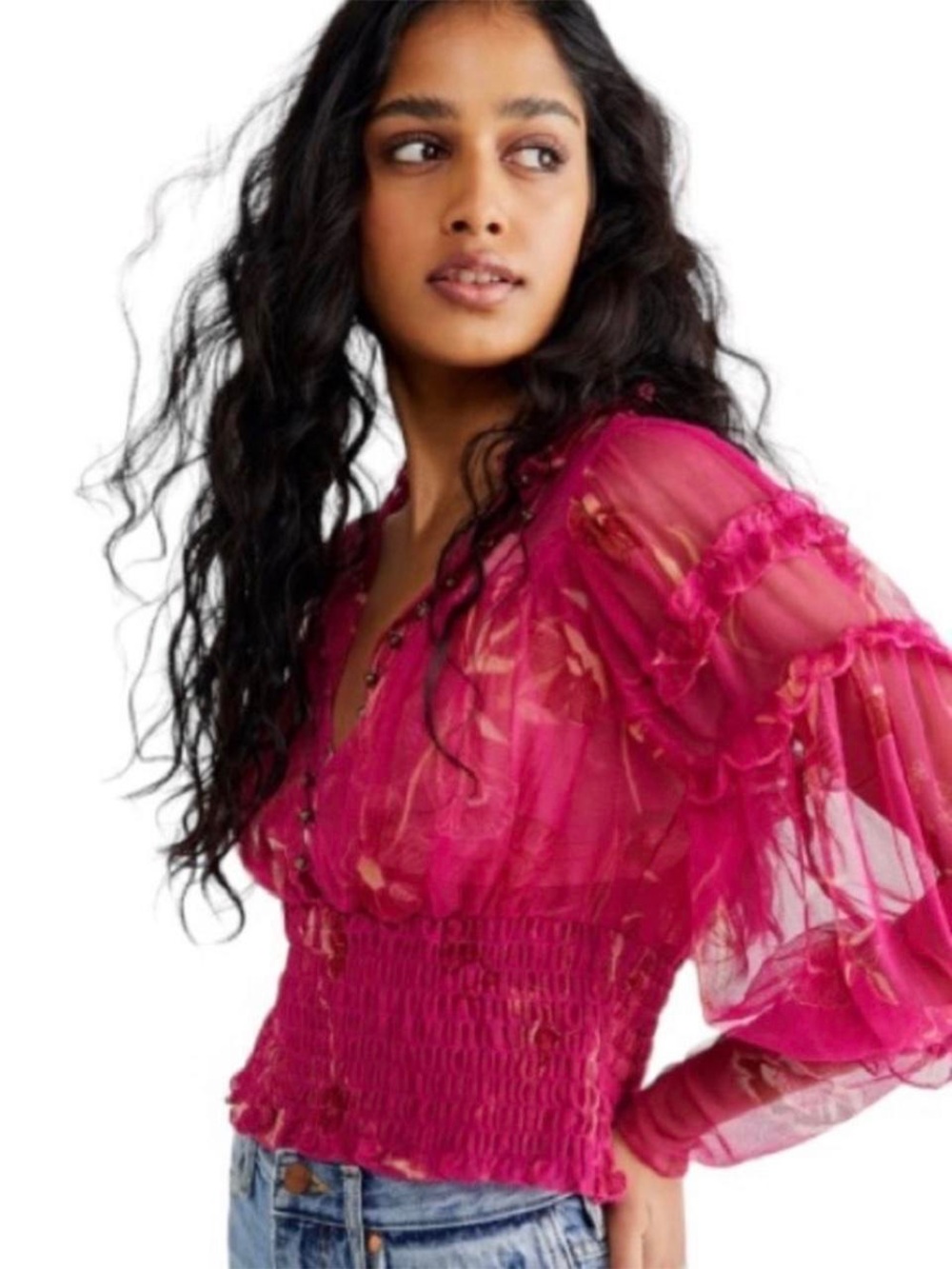 Free People Fuchsia Pink Sheer Ruffle Floral Blouse